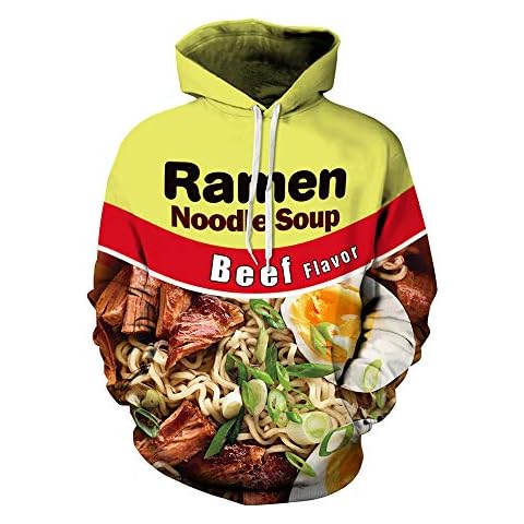 Unisex Long Sleeve 3D Funny Pullover Sweatshirts with Ramen Noodle Soup Chicken/Beef Flavor Personalized Print Pocket Hoodie Cover