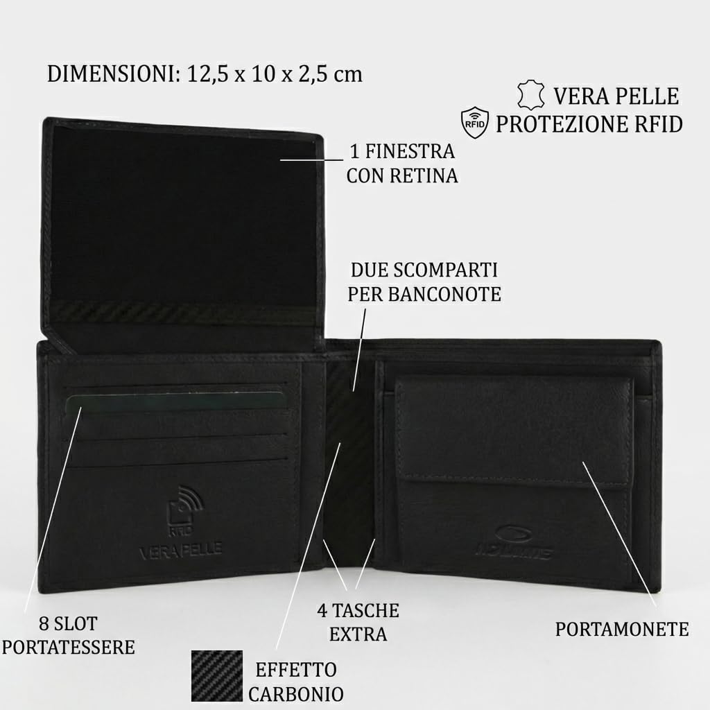 No Limits Portafoglio Uomo in Vera Pelle, Con Tasca Portamonete, Inserti Effetto Carbon, PROTEZIONE RFID, Elegante Con Scatola, Classico Nero