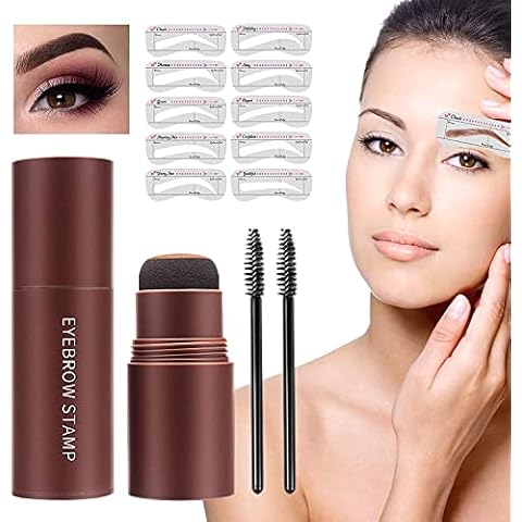 Augenbrauen Stempel Schablone,Augenbrauen Stempel,Wiederverwendbares Makeup Brow Stamp Brauenpuder mit 10 Schablonen & 2 Augenbrauen Stift Pinsel(Dunkelbraun) Cover