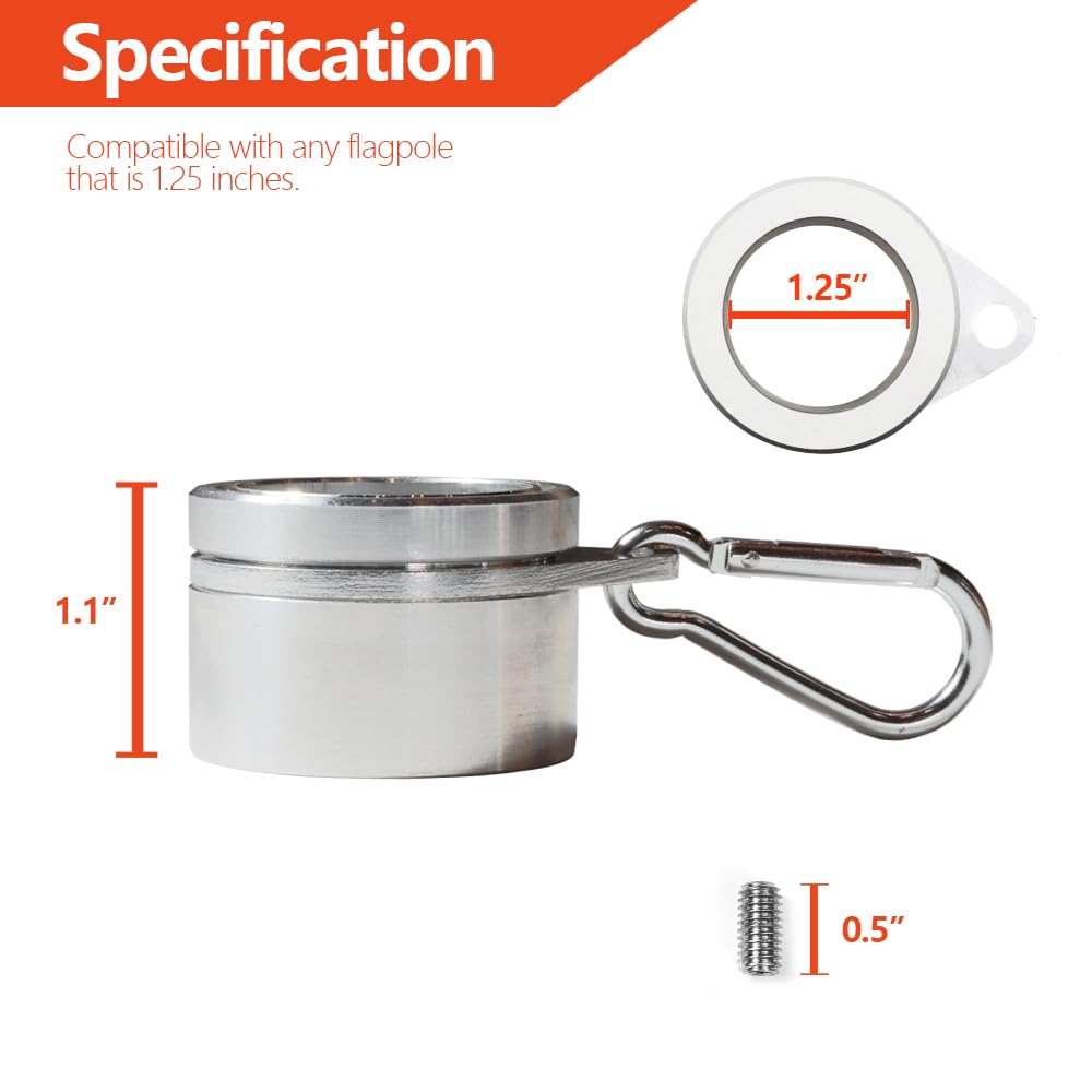 Anley 3,2 cm Aluminium-Fahnenmast-Befestigungsringe-Set – Anti-Wickel-360° drehbarer Ring mit Karabinern – ideal für Fahnenmast und Flagge mit 2 Ösen (Silber, 2 Stück)