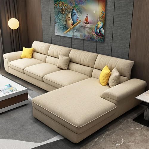 Image of Italino 5 Seater Luxurious L Shape Fabric Sofa Set (Right Side Lounger, Cream) | 5 to 6 Person Wooden Corner Sofa Couch for Living Room Bedroom Home Hall Furniture