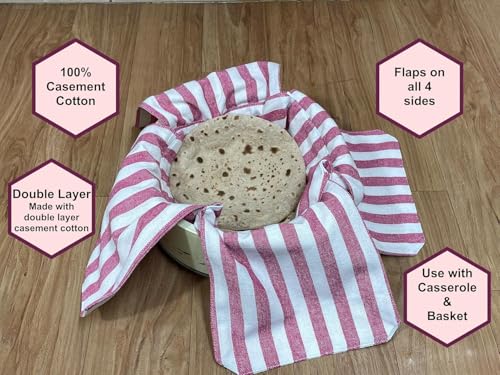 Image of Glus Cotton Set of 4 Double Layer Roti Clothes Wrap with Flaps Casement Cloth for chapati for hot case Kitchen Chapati wrap roti Cloth,Colour: Red Stripe,Blue Stripe (Cotton, Stripe Blue & Stripe Red)