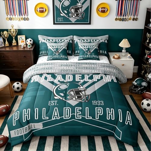Feelyou Football 7 Pieces Comforter Sets Twin Size Rugby Sports Philadelphia Bedding Set for All Season Football City Bed in a Bag with Comforter Sheets Pillowcases & Cushion Cover