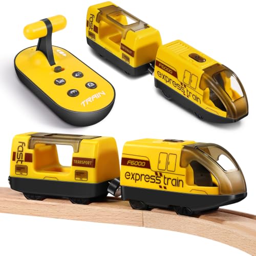 DESPOINA Tren Electrico Juguete Niños con Mando a Distancia, 4 Efectos de Sonido y Luz, Tren Juguete para Rieles de Madera, Compatible con Thomas Brio Chuggington, 3 4 5 6 Años (Amarillo)