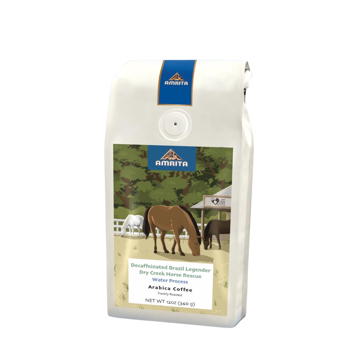 Decaf Brazil Legender Dry Creek Horse Rescue Dark Roast - Roasted by Amrita Certified Pure - Freshly Ground Coffee - 12 Ounce Bag