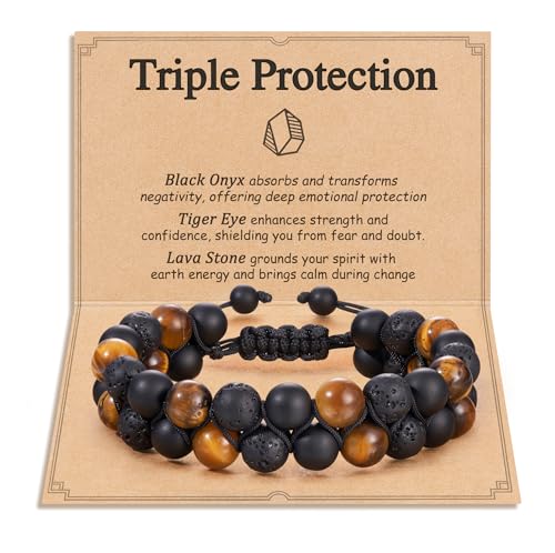 HGDEER Triple Protection Bracelet for Men & Teens - 100% Natural Black Onyx, Tiger Eye & Lava Stone Beads - Adjustable Size with Meaning Card