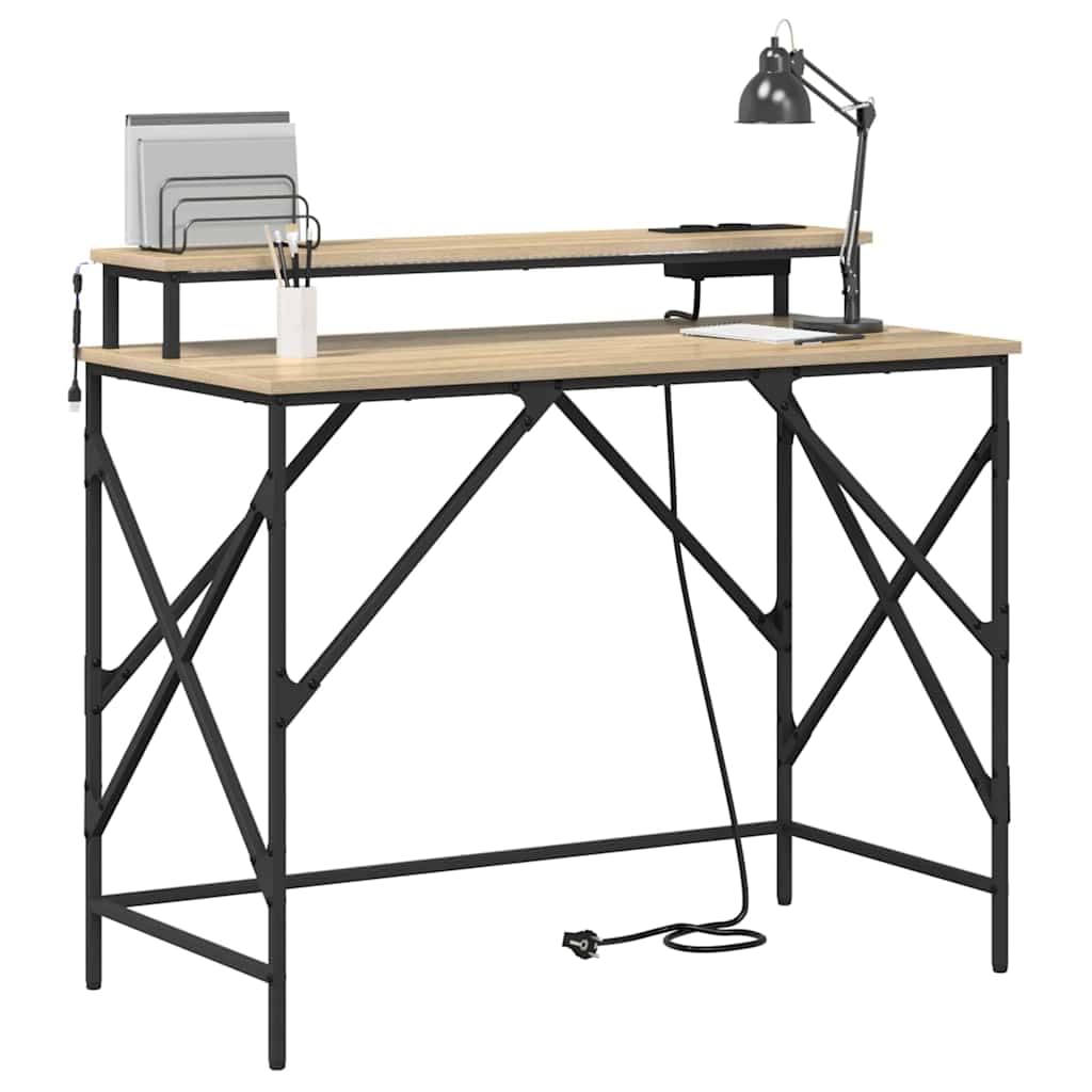 Scrivania 100 x 50 cm rovere Sonoma con LED RGB tavolo da gioco in legno e telaio in acciaio, piccolo computer desk moderno da ufficio con stazione di ricarica per casa, ufficio, camera dei