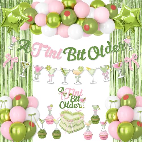 A Tini Bit Older Birthday Decorations Green Pink Glitter Tiny Bit Older Banner Olive Balloons Garland Cake Toppers Bows Fringe Curtain for Girls Women Martini Bar Birthday Bachelorette Party Supplies