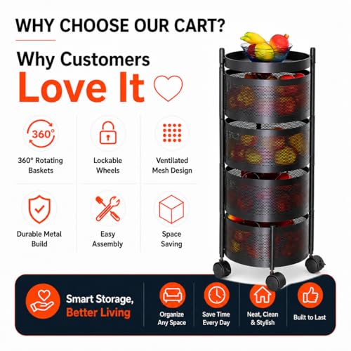 Image of Homeor 4 Layer Kitchen Trolley with Wheels | 360 Rotating Metal Storage Rack for Vegetables, Fruits, Onion & Spices | Square Multipurpose Kitchen Organizer Stand | Metal Kitchen Trolley, Matte Black
