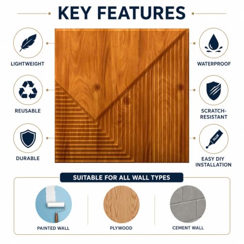 Image of Kayra Decor 3D PVC Wall Panels for Bedroom & Living Room | Plaina Design | Teak Wood Color | 19.7 x 19.7 Inch | Pack of 12 | 32.28 Sq Ft