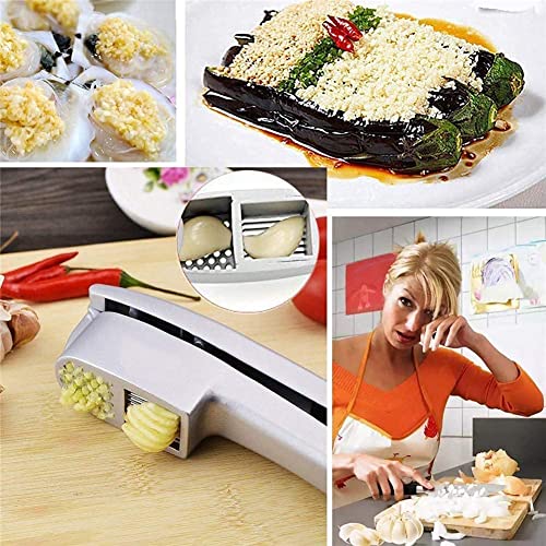 Garlic Press, 2 In 1 Garlic Mince And Garlic Slice With Garlic Cleaner Brush And Silicone Tube Peeler Set, Easy Squeeze, Rust Proof, Dishwasher Safe #TOP6