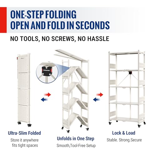 Image of WORKPRO 5-Tier Folding Shelf, No-Assembly Metal Storage Rack with Wheels, 750 lbs Capacity (with Leveling Feet), Collapsible Shelving Unit for Kitchen, Pantry, Closet & Craft Shows - White