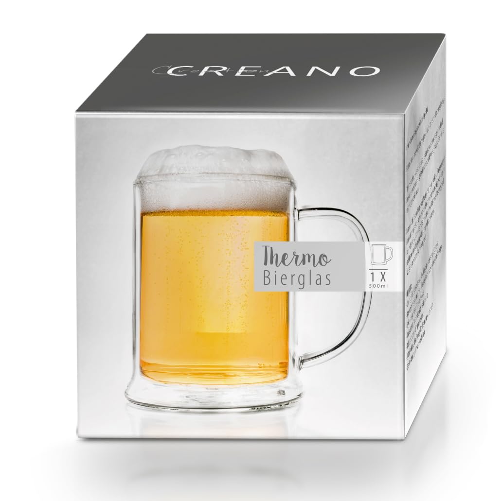 Creano Vasos de Cerveza Térmicos de Doble Pared de Vidrio de Borosilicato Aislantes 500ml Efecto Flotante – Juego de 6 Vasos