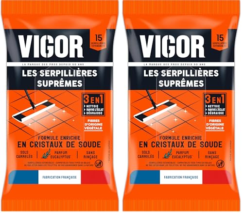 Vigor Serpillières Suprêmes 3 en 1 | Nettoie, Ravive l'éclat et Dégraisse | Formule Enrichie en Cristaux de Soude | Sans Rinçage - Sols Carrelés |...