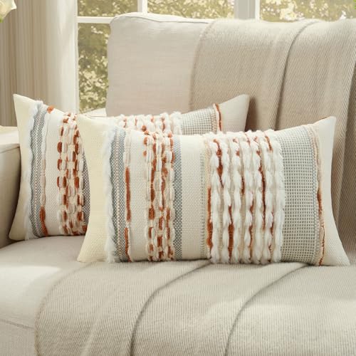 Ystyle Lot de 2 Boho Housse de Coussin 30x50, Housse de Coussin Décorative à Rayures avec Texture Touffetée Douce, Douillet Taie d'oreiller Moderne pour...