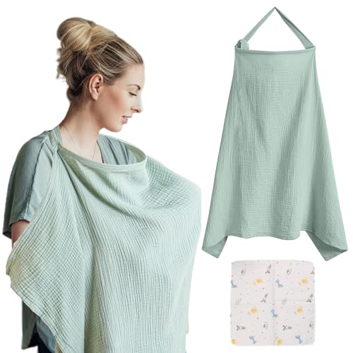 VEGCOO - VEGCOO Couverture Allaitement Bébé, Couvertures d'allaitement, Tablier Allaitement Bebe et Serviette de Salive, Cache Allaitement Écharpe pour Mamans, Coton Douce Respirante Ajustable (vert clair)