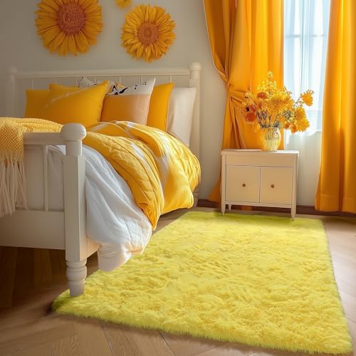 Amdrebio Yellow Area Rug for Bedroom Living Room, 5x7 Fluffy Fuzzy Plush Rugs for Kids Room Decor Aesthetic, Cute Furry Shag Kawaii Carpet for Playroom Classroom Nursery Teen Girls Boys Baby Toddler