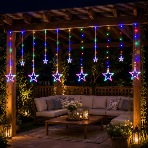 Image of 6+6 Star Curtain String Lights Multicolor LED Decorative Hanging Fairy Lights for Home Decoration, Bedroom, Balcony, Window, Festival, Diwali, Christmas, Wedding, Party, Indoor & Outdoor