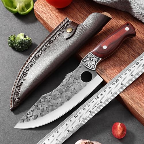 Doklasu Kochmesser im japanischen Stil Küchenbeil Handgeschmiedet Vollerl-Klinge aus Kohlenstoffstahl mit rotem Holzgriff und Scheide für… – Ansicht 6