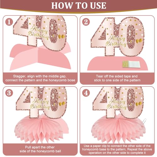 Image of Zirtorei 40th Birthday Decorations Kits for Women, 10pcs Pink Rose Gold Made in 1986 Banner Happy 40th Birthday Balloons, 40 Bday Table Honeycomb Centerpieces Hello Forty Party Supplies