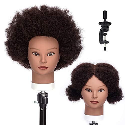 HAIREALM Afro Mannequin Head, 100% African American Real Human Hair, Practice Braiding Styling Doll Head, Manican Cosmetology Head with stand BZT01