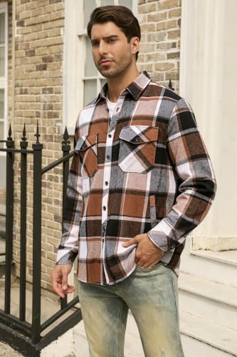 Image of Cromoncent Mens Boys Thick Flannel Shirt Long Sleeve Shirt Jacket Casual Button Down Multi Pockets Shacket
