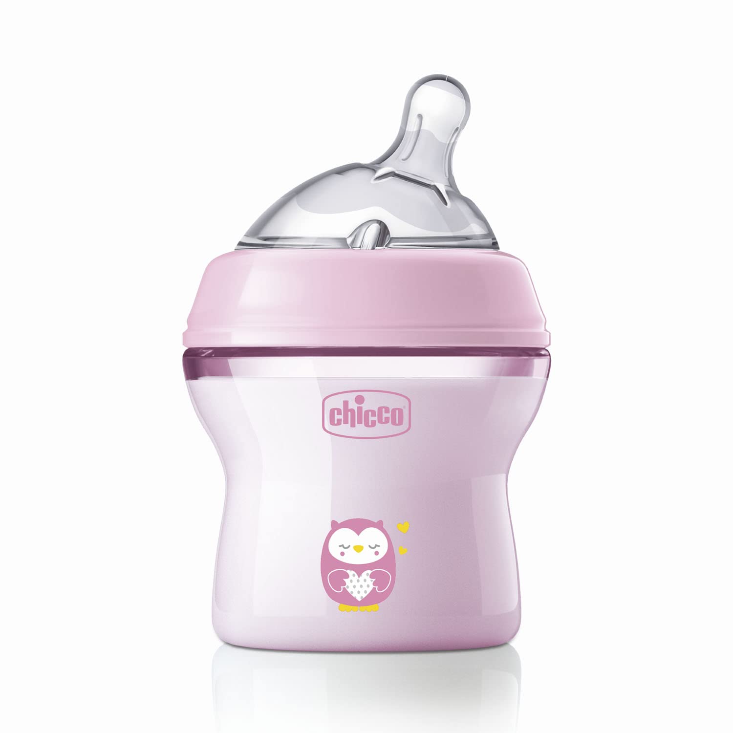 ChiccoNatural Feeling Feeding Bottle for Babies, 150ml (0+ Months)|Mother Breast Like teats| Soft Silicon, Anti-Colic Teat | Angled Teat Suitable for Newborns | with Anti-Drip Cap | BPA Free (Pink)