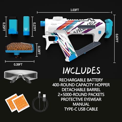Gel Ball Blaster, New Function Adjustable Shooting Power Ball Launcher, 10000 Rounds of Gel Bullets, Rechargeable Battery, Glasses, Outdoor Activity Toy, Suitable for Teens 14 Years and Up
