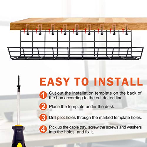 Under Desk Cable Management Tray, Cable Organizer for Wire Management, Metal Wire Cable Tray for Office and Home, 4 Pack Standing Desk Tray with 15 Cable Ties and 5 Cable Clips, Black Cord Basket 17\'\'