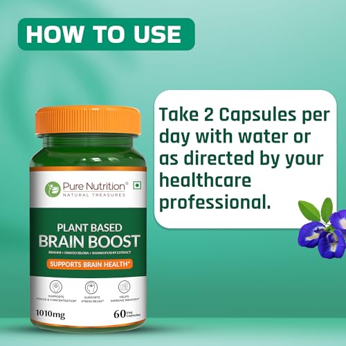 Image of Pure Nutrition Brain Supplements | Memory & Focus Plant Based Brain booster Capsules with Brahmi, Ginkgo Biloba & Shankhpushpi Extract | Supports Memory, Focus, Stress Relief & Cognitive Function - 60 Veg Capsules