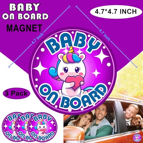 Image of Baby on Board Magnet for Car, Reflective Babies on Board Magnetic Sticker Car Sign, 3 Pack Waterproof Kids Safety First Warning for Parents (Purple Unicorn)