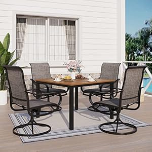Sophia & William Patio Dining Set Table and Chair 5 Pieces Set for 4 Swivel Chairs Textilene 1 Square Wood Like Umbrella Table All-Weather Resistant Easy to Care for Yard Lawn Garden