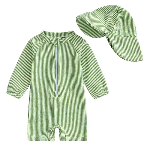 JiAmy Maillot de bain anti-UV à manches longues pour bébé garçon - Avec chapeau - Maillot de bain pour bébé et enfant - 6 mois à 6 ans, Rayures vertes.,...