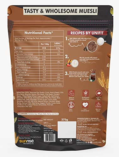 Image of UNIFIT Protein Muesli | 375g of Delicious Nutrition! | High-Protein & Fiber with Fruits, Nuts, Seeds & Dark Chocolate | Healthy Breakfast Cereal with Oats & Crunchy Goodness |