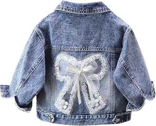 Kids Girls Cute Butterfly Embroidery Ripped Denim Jacket Coat Casual Outerwear Bow Lace Button Down Jean Jakcets