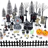 Colingmill 56 Pcs Halloween Village Accessories Set Halloween Haunted House Village Set Miniature Tombstones Tree Fake Spiders Fence Streetlamp Figurines for Home Table Party Decor