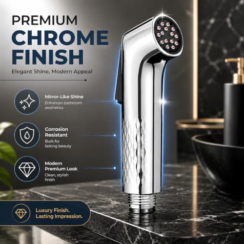 Image of No Block Health Faucet for Toilet (Complete Set) - German Engineered SS304 Hose (1.5m) & Wall Hook - Self-Cleaning High Pressure Jet Spray - Chrome Finish