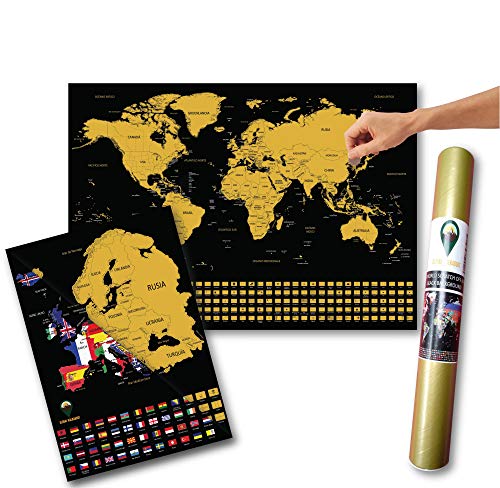 Global Walkabout ESPAÑOL - Mapa del rasguño mundial y mapa de rasguño europeo adicional con fondo de banderas - Regalo De Viaje -(negro)