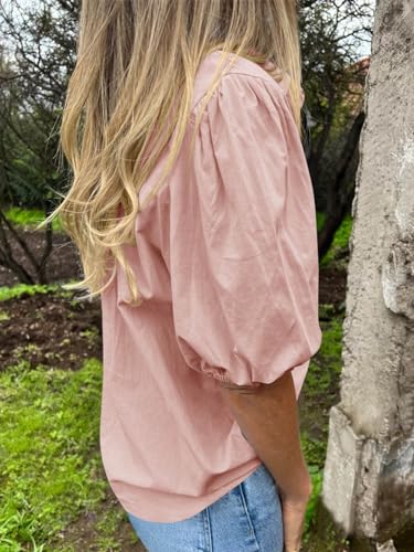 Image of Tankaneo Women's Button Down Shirts Short Puff Sleeve Collared Dressy Casual Blouse Tops