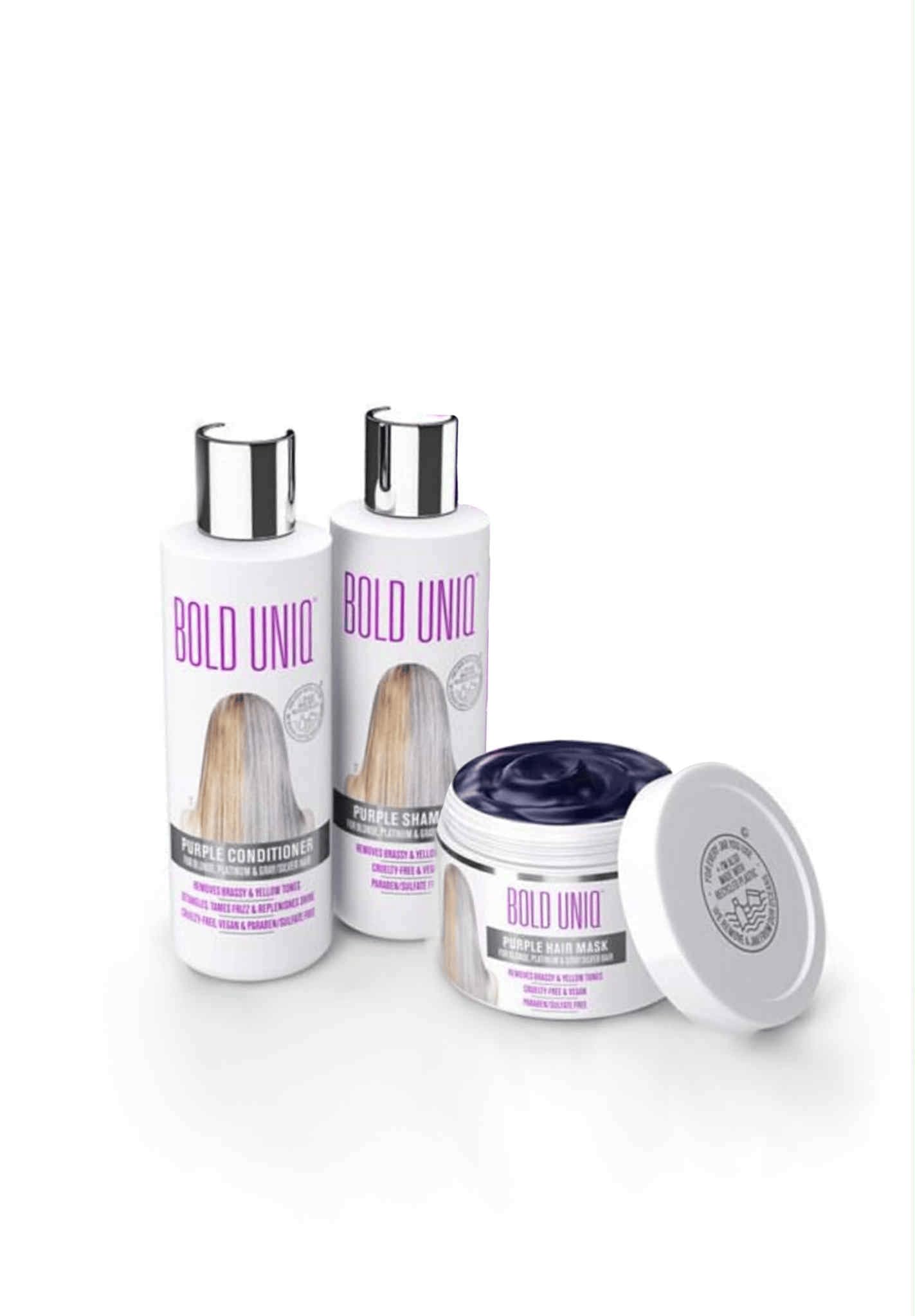 Purple Shampoo, Conditioner & Mask Trio Gift Set. Removes Brassy Yellow Tones. Lightens Blonde, Platinum, Ash, Silver & Grays. Paraben & Sulphate Free. PETA Approved Cruelty-free and 100% Vegan.