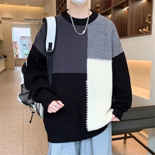 Men's Patchwork O-Neck Knit Pullovers Men Loose Casual Knitted Hip Hop Style Sweater4