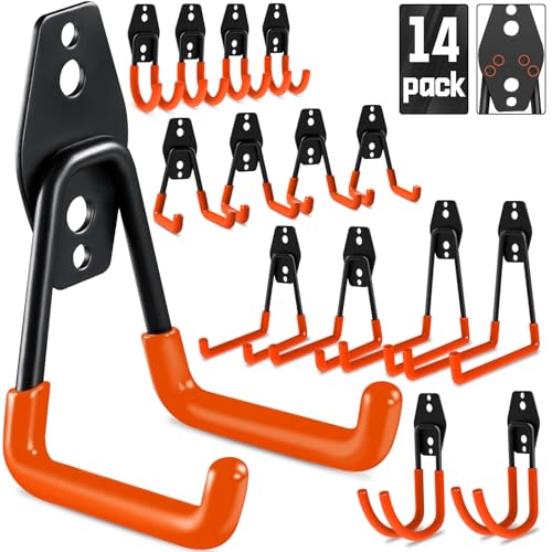 14 Pack Garage Hooks Heavy Duty, Utility Steel Garage Storage Hooks, Garage Hooks for Hanging, Garage Organizer, Wall Mount Garage Hanger & Organizer for Organizing Tools,Garden,Ladders,Bikes,Rope etc