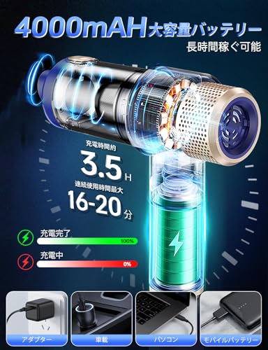 Zabapure ハンディークリーナー 車用掃除機 コードレスハンディ掃除機 4in1電動エアーダスター機能つき32000PAパワフル超強力吸引 4000mAHバッテリー内蔵 Type-C充電 ポータブル 小型 強力 車 掃除 低騒音 空気入れ/抜き 家庭・車内掃除用 LT-135 の商品画像 7