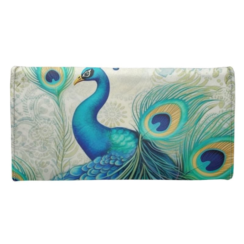 Retro Peacock Women's Leather Trifold Wallet, Classical Peacock Feather Handcrafted Stitching Credit Card Holder Coin Purse, Mandala Elegant Trifold Wallet, ID Window3