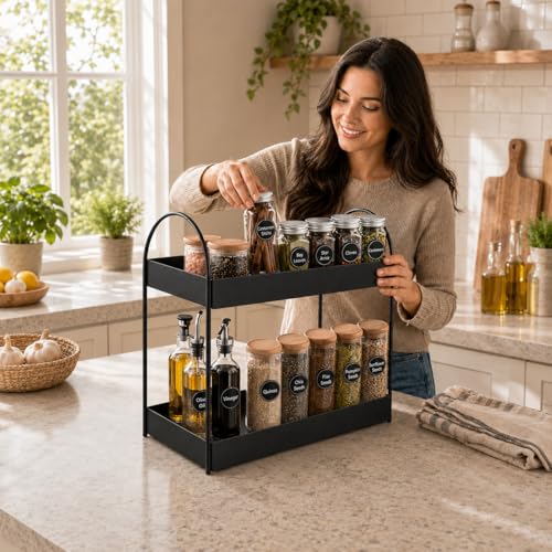 Image of Homeor 2-Tier Metal Countertop Organizer | Heavy Duty Standing Rack for Kitchen Spice Storage & Bathroom Vanity | Multi-Purpose Shelf For Kitchen, Cosmetic & Toiletry Display Shelf, Black