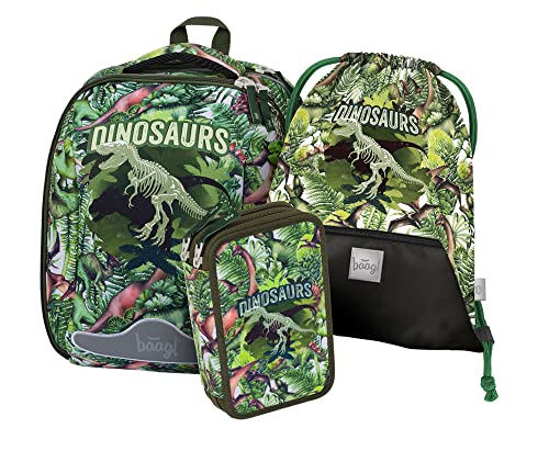Schulranzen Jungen Set 3 Teilig, Shelly Hartschalen Schultasche ab 1. Klasse, Ergonomische Grundschule Ranzen mit Brustgurt (Dinosaurs) Cover