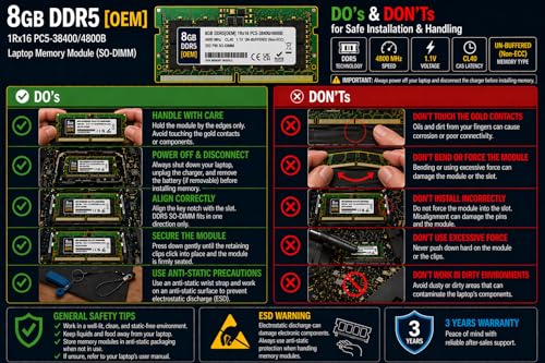 Image of 8GB DDR5 4800MHz OEM Laptop RAM Compatible with Samsung [Key Specs: PC5-38400 /4800B | 262-Pin SO-DIMM | CL40 | 1Rx16 | 1.1V | Non-ECC] | 3 Years Seller Warranty