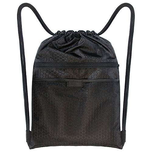 Drawstring Strings Bags with Mesh Pockets Sports Athletic School Travel Gym Cinch Sack Lightweight Backpack for Men and Women, Black