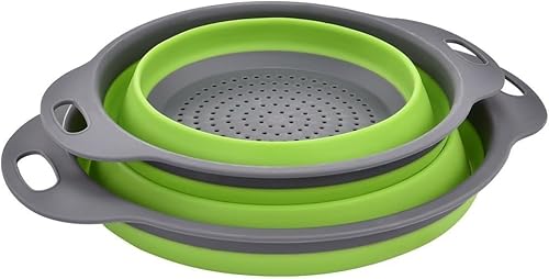 Colander Set | Kitchen Foldable Silicone Filter | Fruits and Vegetable Cleaner | Non-Toxic Easy to Clean | 2 Sizes in 1 | 8-inch and 9.5-inch | Kitchen Strainer | Set of 2 (Green)