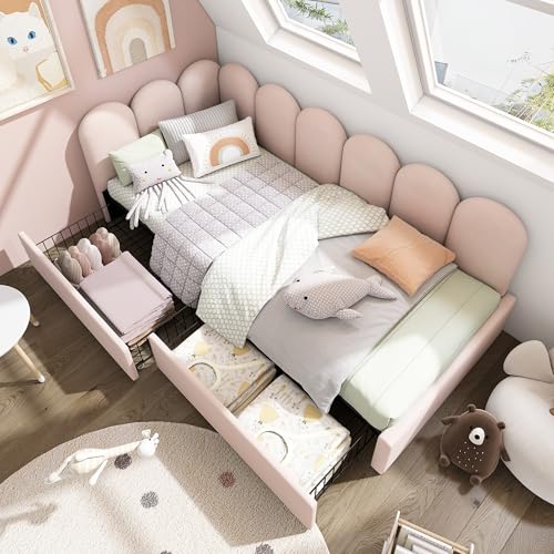 CelticHearth Cama individual tapizada con cajones, 90 x 190 cm, color rosa, terciopelo, cama de día, con somier, 94 x 199 x 76 cm